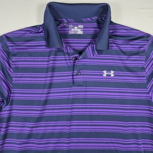 UA Under Armour Men Loose Heatgear Striped Performance‎ Golf Polo Shirt L Purple